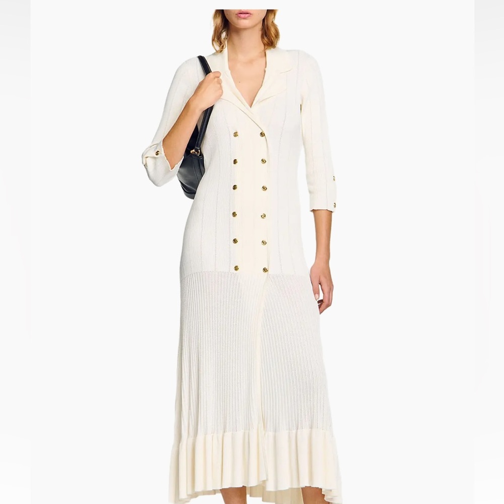 NWT SANDRO pointelle knit maxi dress OLYMPE midi buttons ruffle 40 8